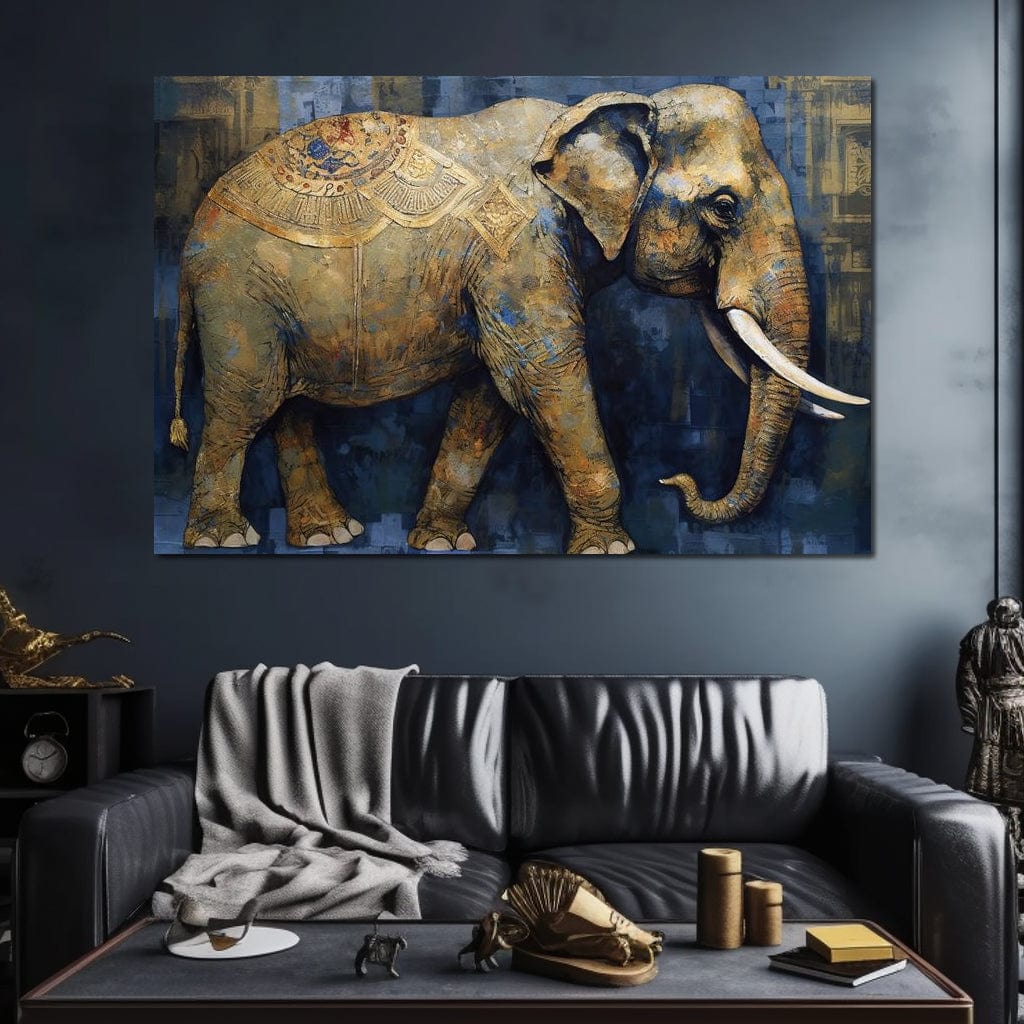 tablou canvas cu un elefant decorat in stil oriental, redat din profil intr-o paleta de tonuri pamantii si albastre, pe fundal texturat
