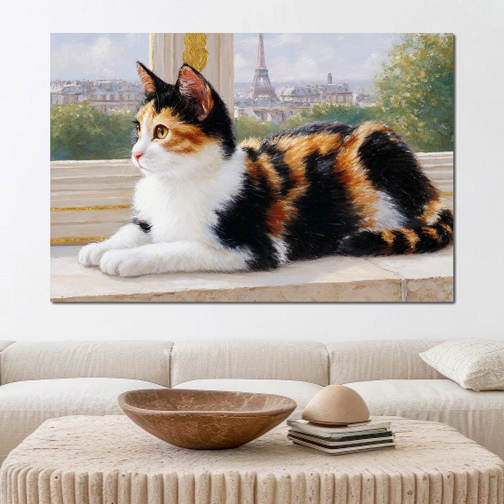 tablou canvas cu o pisica calico relaxata pe pervaz, cu Turnul Eiffel pe fundal