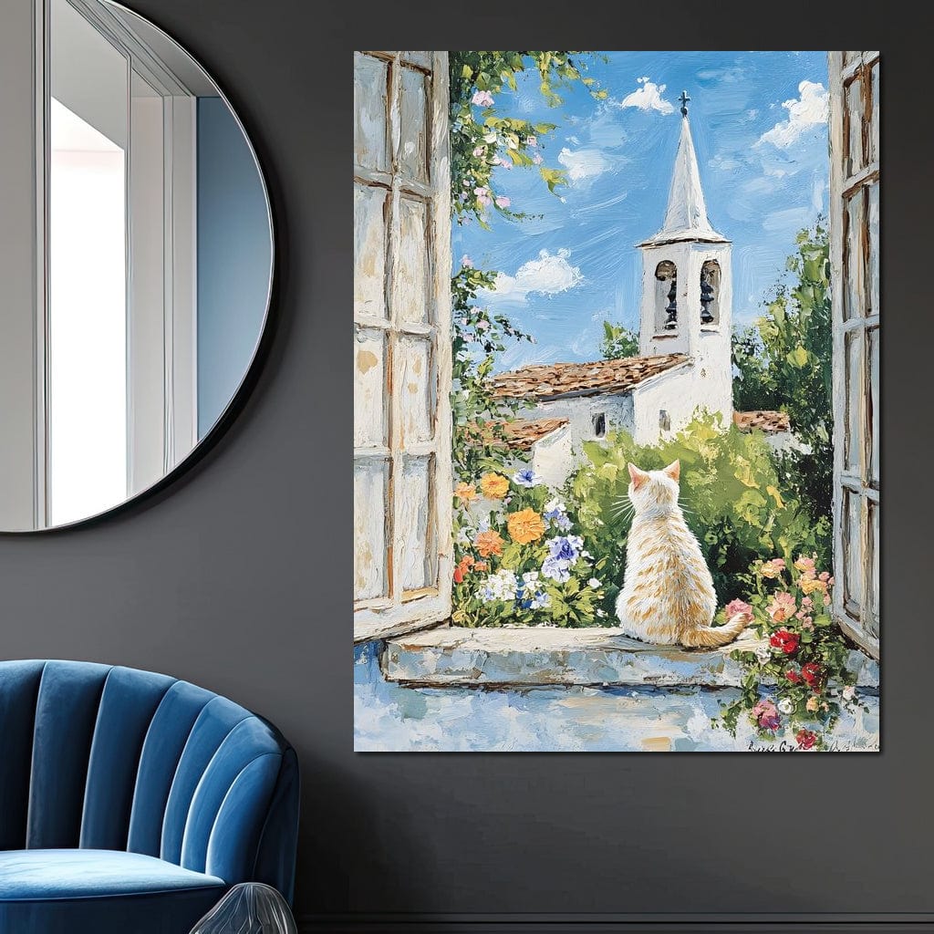 tablou canvas cu o pisica alba la fereastra, privind un turn bisericesc cu clopot, inconjurat de flori si vegetatie intr-un peisaj pictat de primavara