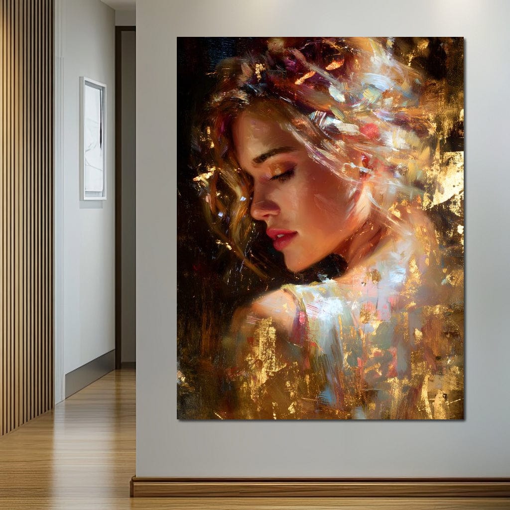 Tablou Canvas Premium, LuxCanva® G1155, In Bratele Soarelui, Visare, Fata, Zeita, Auriu, Gratie, Tacere, Stralucire, Freamat, Sclipiri, Rasarit, Mister, Rafinament, Birou, Living, Dormitor