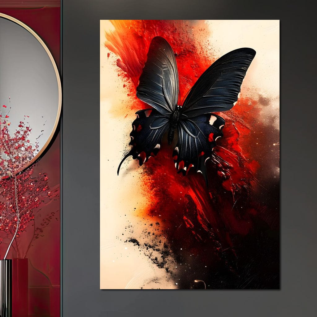 tablou canvas cu un fluture negru pe fundal rosu abstract, stil pictura in stropi de culoare 