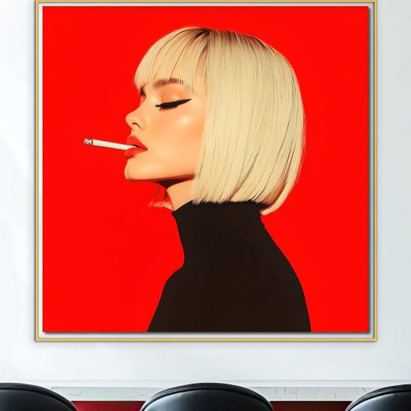 Tablou Canvas Premium, LuxCanva® G1217, Femeia Fatala, Atitudine, Rosu, Tigara, Rebela, Seductie, Fum, Iconic, Foc, Independenta, Chip, Rebeliune, Pasiune, Taina, Blonda, Salon, Birou, Living, Dormitor
