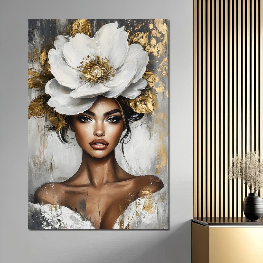 Tablou Canvas Premium, LuxCanva® G1142, Zeita Primaverii Eterne, Regina, Flori, Noblete, Aur, Puritate, Atemporal, Gratie, Aura, Senzualitate, Delicatete, Birou, Living