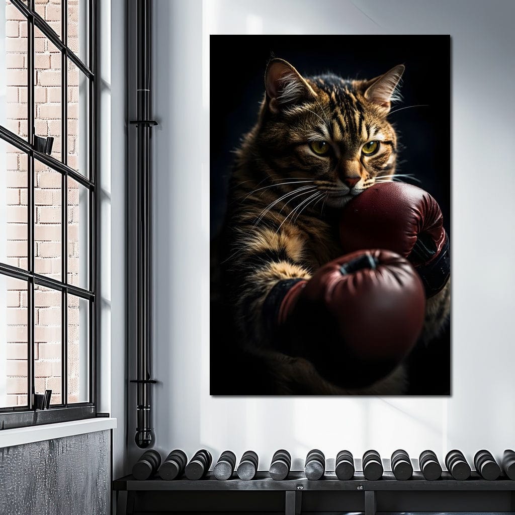 tablou canvas cu o pisica tigrata cu manusi de box rosii,pe fundal negru clasic