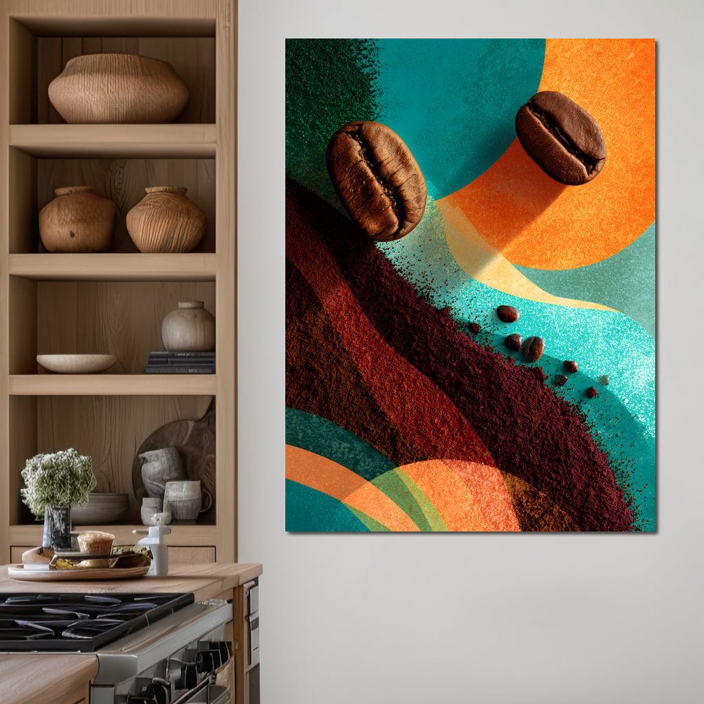 tablou canvas cu doua boabe de cafea si cafea macinata, pe un fundal abstract in nuante calde de portocaliu si nuante reci de turcoaz