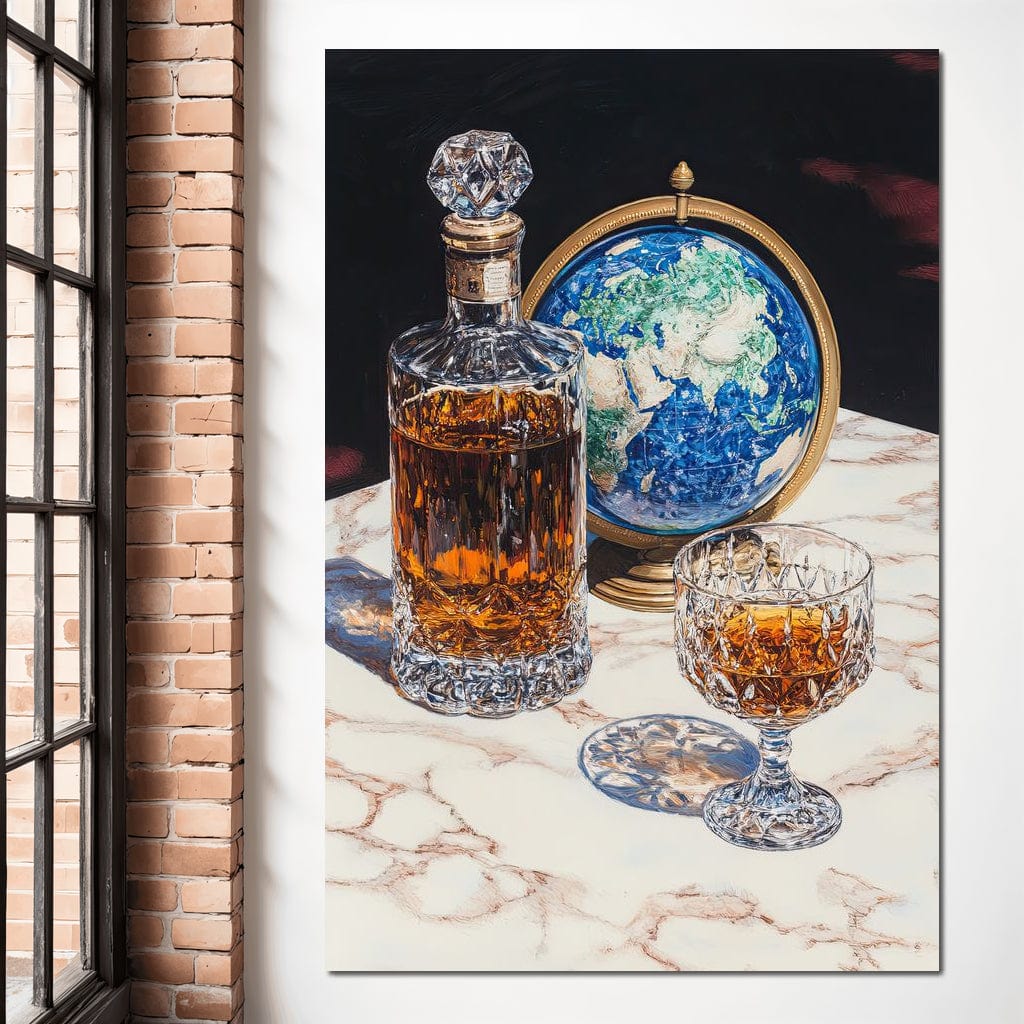 tablou canvas cu o sticla si un pahar de whiskey, pe o masa de marmura alba, langa o decoratiune reprezentand globul pamantesc