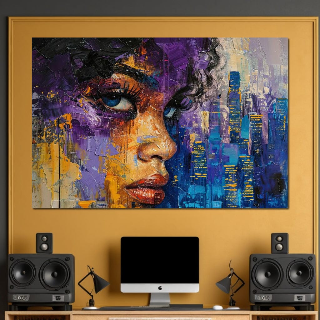 Tablou Canvas Premium LuxCanva® G1010, Femeia si Lumina Orasului , Urban, Metropola, Privire, Femeie, Violet, Living, Dormitor, Culori vibrante