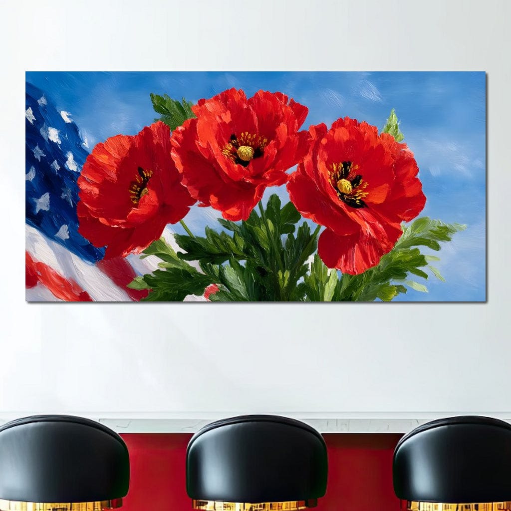 tablou canvas cu trei maci rosii si steagul american pe fundal de cer albastru