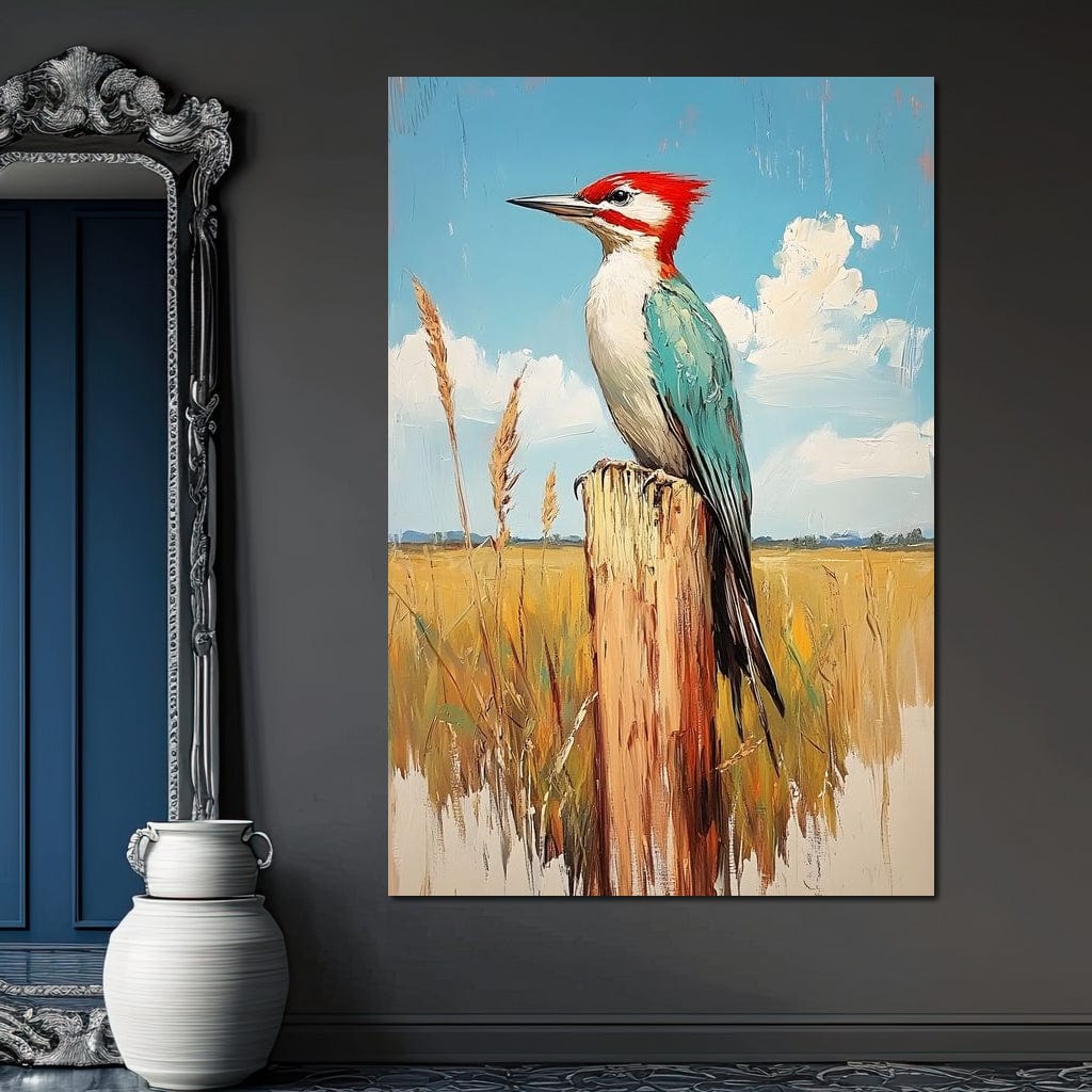 tablou canvas cu o ciocanitoare pe un stalp de lemn, intr-un peisaj rustic de campie