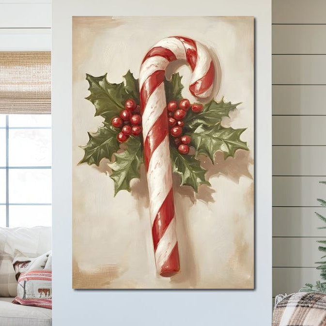 Tablou Canvas Premium, LuxCanva® D1085, Acadea Festiva, Candy, Bomboane, Baston, Dulceata, Rosu, Alb, Zahar, Bobite, Frunze, Iarna, Copilarie, Cadouri, Daruit, Emotie, Camera Copil, Living, Dormitor