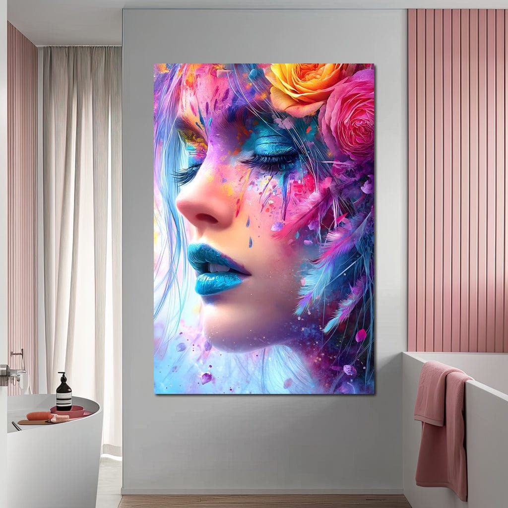 Tablou Canvas Premium, LuxCanva® G1164, Fantezie Florala, Cromatic, Culori, Vis, Explozie, Emotii, Floral, Pleoape, Albastre, Pene, Machiaj, Par, Artistic, Salon, Birou, Living, Dormitor