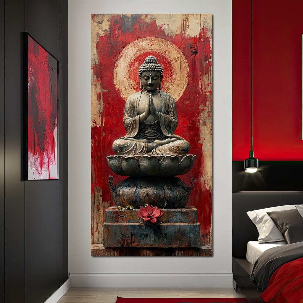 Tablou Canvas Premium LuxCanva® I148, Esenta Zen, Buddha, Zen, Meditatie, Yoga, Lotus, Aura, Spiritualitate, Armonie, Rugaciune, Pace Interioara, Rosu, Living, Dormitor