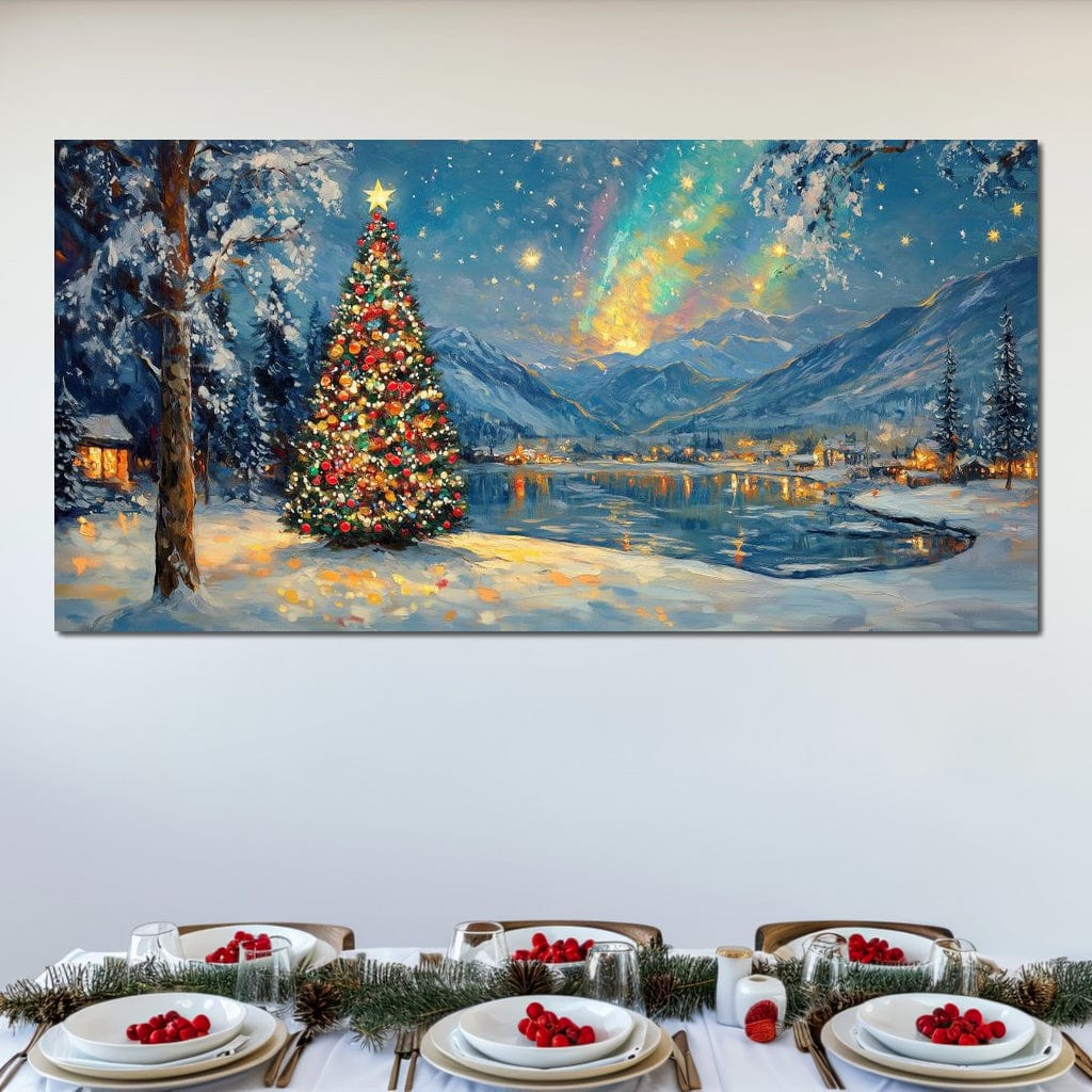 Tablou Canvas Premium LuxCanva® D1018, Luminile Magice ale Craciunului ,  Brad, Beculete, Lac, Sat, Stralucire, Living Room, Culori vibrante