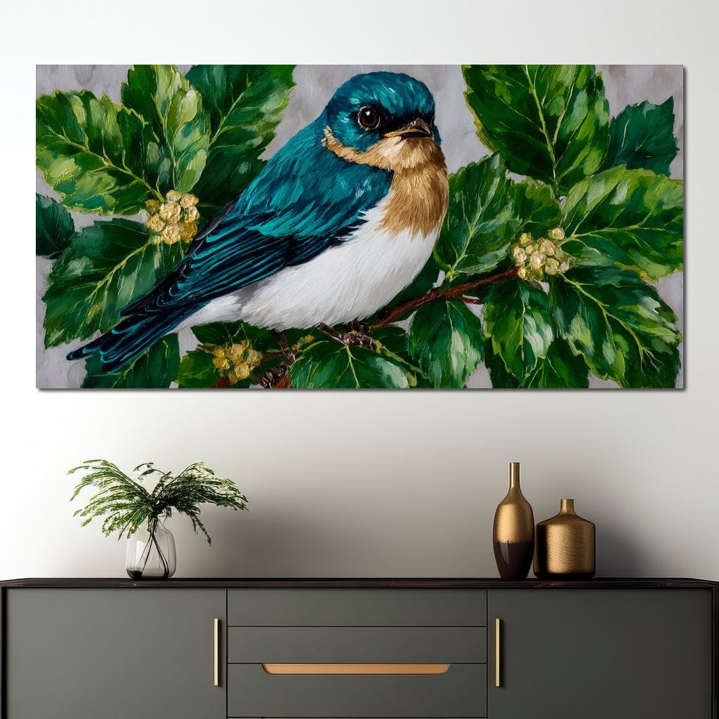 tablou canvas cu o pasare cu penaj turcoaz si cafeniu, pe o ramura cu frunze verzi lucioase si muguri galbeni