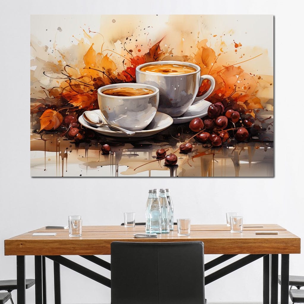 tablou canvas cu doua cesti cu cafea, printre frunze aramii de toamna si boabe de cafea