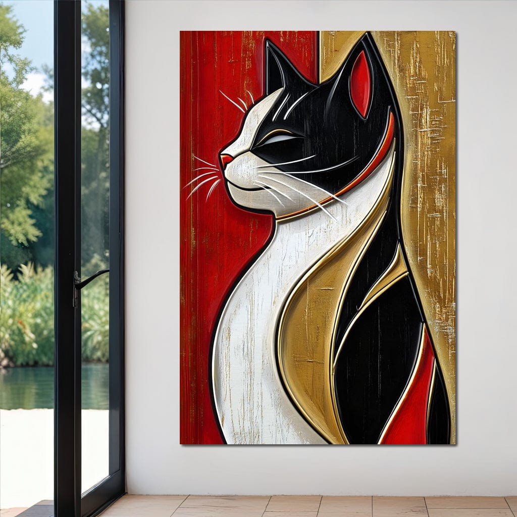 tablou canvas cu portretul elegant al unei pisici, surprinsa din profil in linii abstracte pe tonuri calde de auriu, negru si rosu