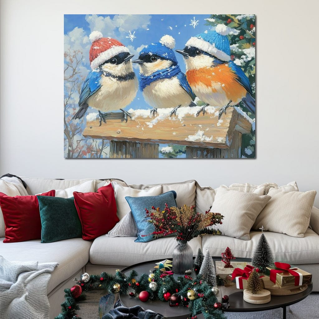 Tablou Canvas Premium LuxCanva® D1041, Pasarile Melodioase , Vrabiute, Caciulite, Creanga, Cantec, Iarna, Living Room, Culori vibrante