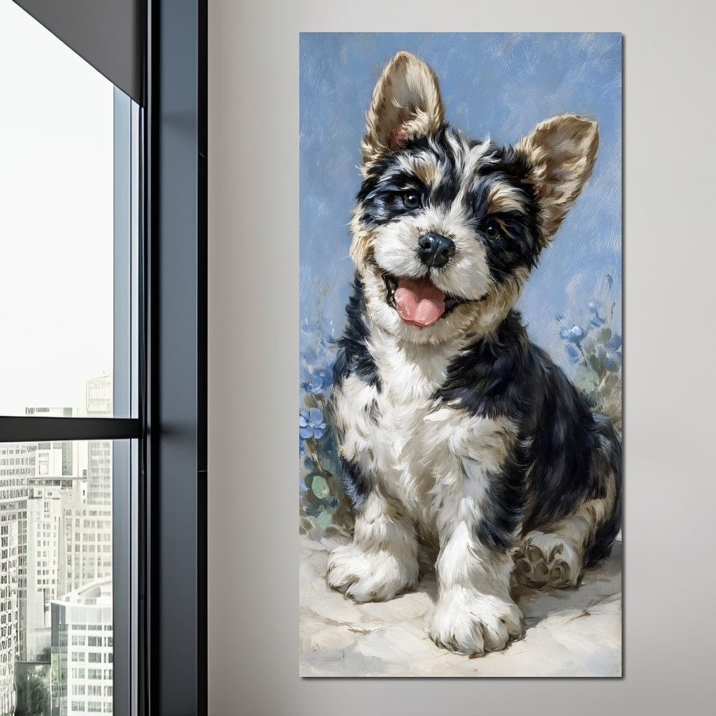 tablou canvas cu un catel zambitor, pictat realist in tonuri de alb si negru, pe fundal albastru deschis cu detalii florale