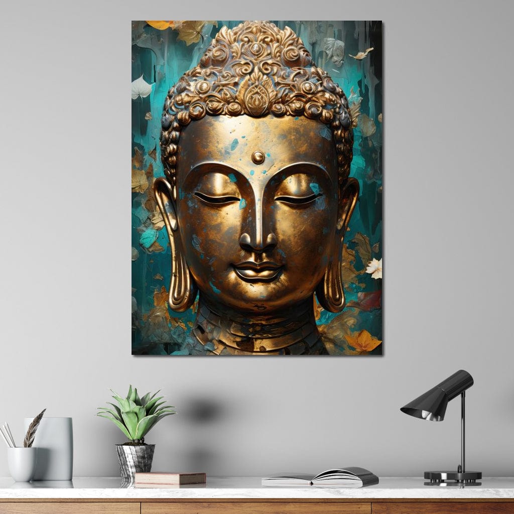 Tablou Canvas Premium LuxCanva® I127, Regal Zen, Buddha, Meditatie, Spiritualitate, Armonie, Pace Interioara, Echilibru, Eleganta, Frunze, Turcoaz, Gold, Living, Dormitor