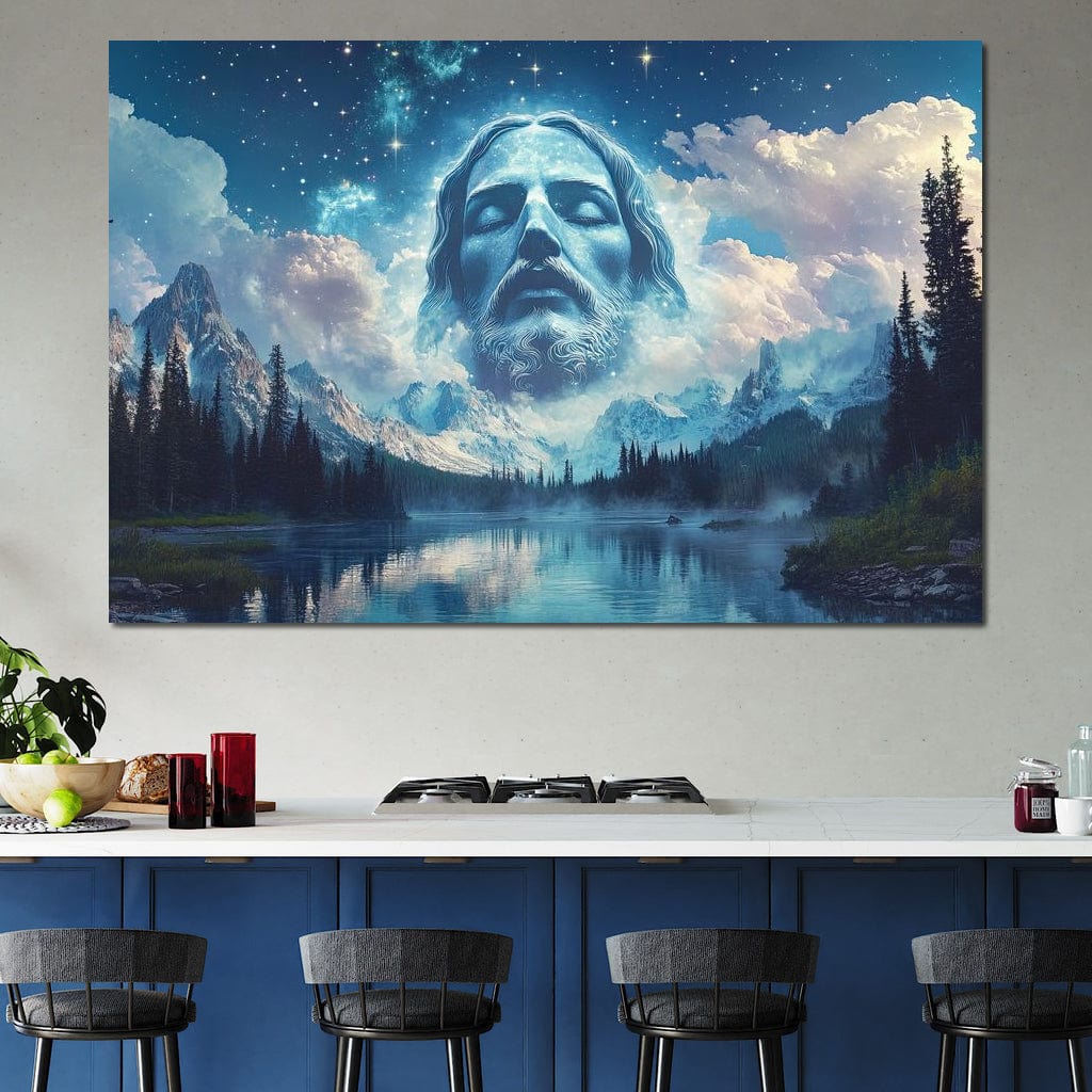 Tablou Canvas Premium LuxCanva® H1048, Intre Cer si Pamant, Iisus, Nori, Munti, Apa, Sacrificiu, Mantuire, Credinta, Har, Spiritualitate, Arta Religioasa, Living, Dormitor