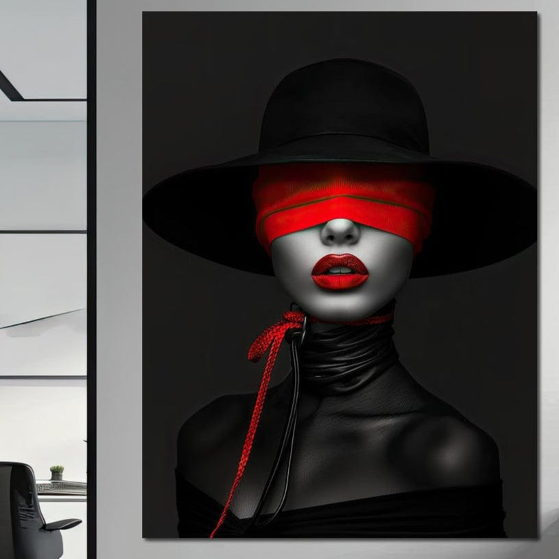 Tablou Canvas Premium, LuxCanva® G1212, Puterea Nevazuta, Noir, Infern, Voal, Mister, Eclipsa, Obscur, Rosu, Palarie, Nevazut, Buze, Doamna, Enigma, Pasiune, Tacere, Salon, Birou, Living, Dormitor