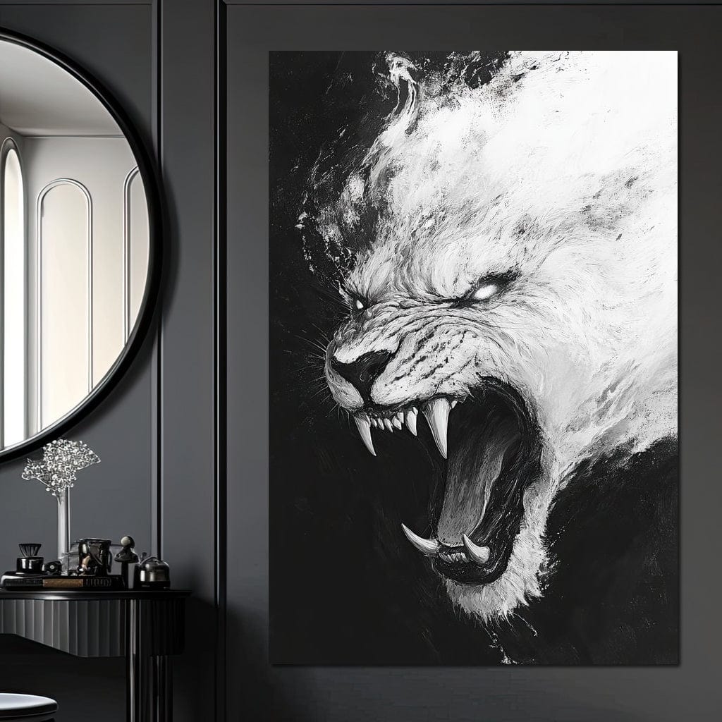 tablou canvas cu un tigru strigoi, redat in nuante de alb si negru, pe fundal intunecat