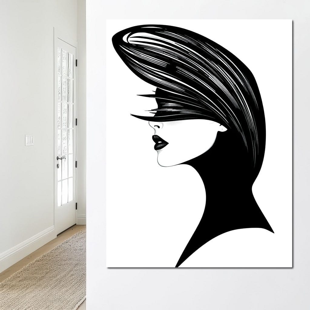 Tablou Canvas Premium, LuxCanva® G1131, Femeia din Umbra,Profil, Mister, Silueta, Stilizat, Alb, Negru, Eleganta, Moda, Arta, Minimalist, Lux, Rafinament, Birou, Living