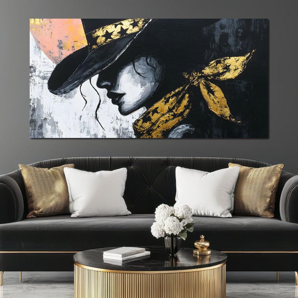 Tablou Canvas Premium, LuxCanva® G1194, Femeia cu Palarie Stelara, Auriu, Negru, Enigma, Stele, Glamour, Western, Esarfa, Abis, Ecou, Nocturna, Frumusete, Birou, Living, Dormitor