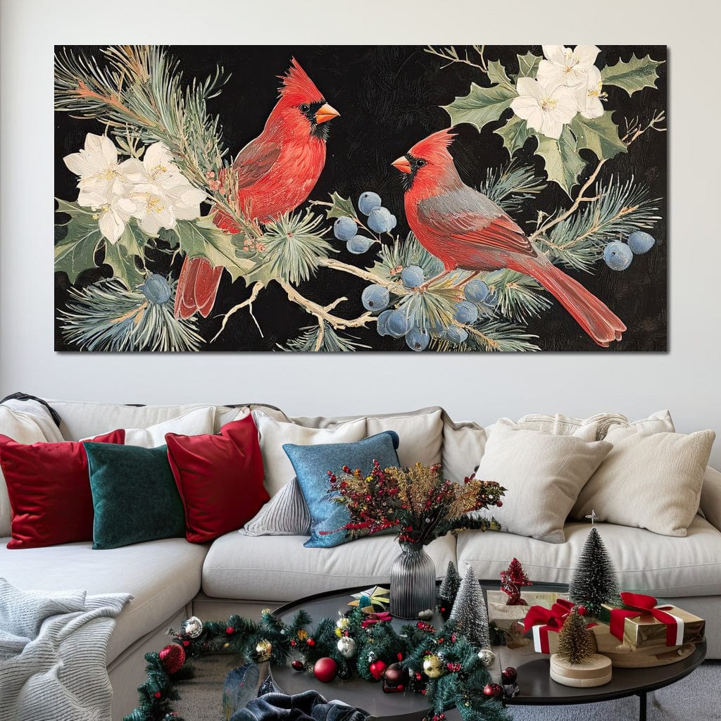 Tablou Canvas Premium LuxCanva® D1043, Cardinali in Pacea Iernii , Cardinali, Rosu, Dragoste, Pereche, Iarna, Living Room, Culori vibrante