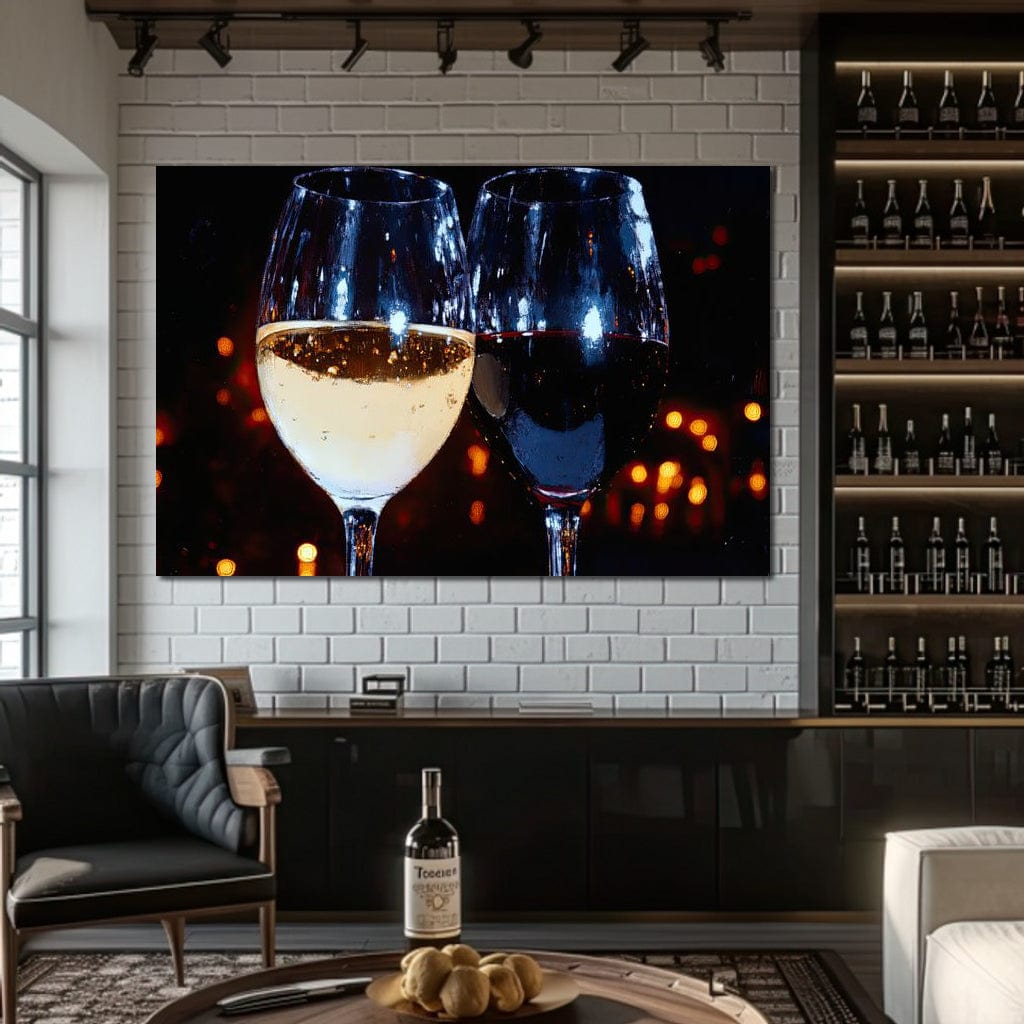 tablou canvas cu un pahar cu vin rosu si un pahar cu vin alb in toast, pe un fundal intunecat cu lumini calde