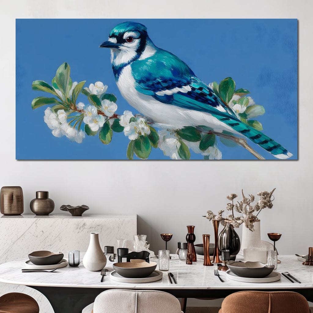 tablou canvas cu o pasare albastra pe o ramura cu flori albe, pe fundal bleu in stil pictura