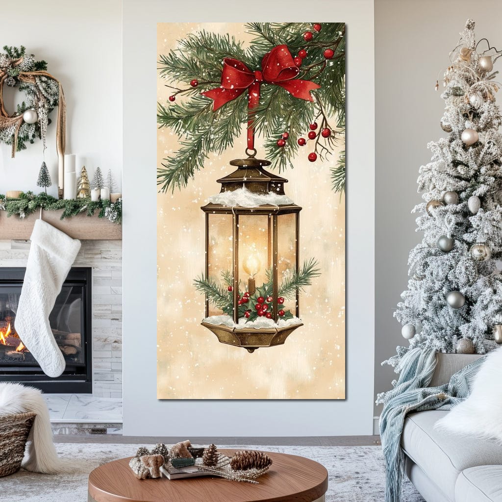 Tablou Canvas Premium LuxCanva® D1059, Felinarul Impodobit , Felinar, Brad, Lumina, Auriu, Casa, Zapada, Living Room, Culori vibrante