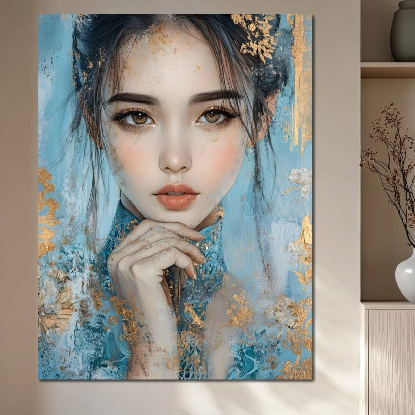 Tablou Canvas Premium, LuxCanva® G1208, Vis de Iasomie, Serenitate, Azuriu, Sublim, Gratie, Frumos, Chip, Portret, Auriu, Reflexii, Mana, Gand, Dorinta, Safir, Privire, Salon, Birou, Living, Dormitor