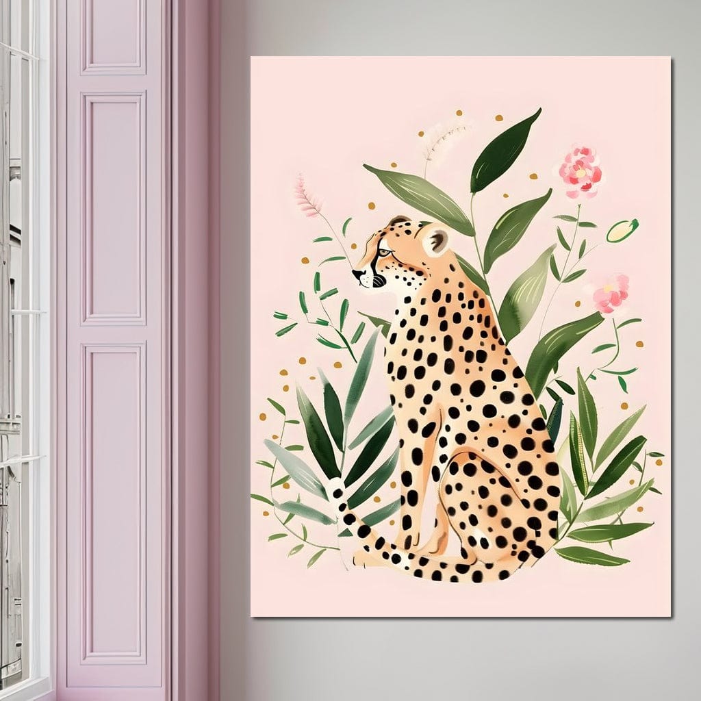 tablou canvas cu un leopard printre frunze intr-o pictura abstracta, pe fundal in culori pastelate