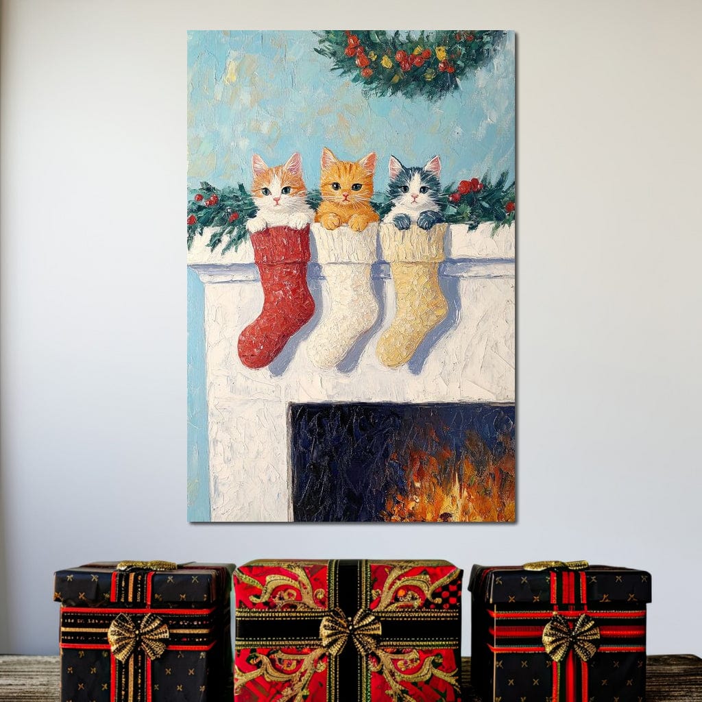 Tablou Canvas Premium LuxCanva® D1022, In asteptarea lui Mos Nicolae , Pisicute, Sosete, Semineu, Asteptare, Daruri, Living Room, Culori vibrante