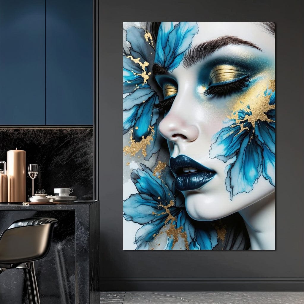 Tablou Canvas Premium, LuxCanva® G1241, In Flori de Gheata, Regina, Albastru, Aur, Vraja, Frig, Floare, Iarna, Cristal, Inima, Azur, Eclipsa, Renastere, Tacere, Liniste, Fotomodel, Salon, Living, Dormi