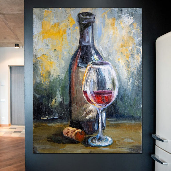 tablou canvas cu o sticla de vin cu dop de lemn si un pahar de vin rosu, pictate in stil rustic