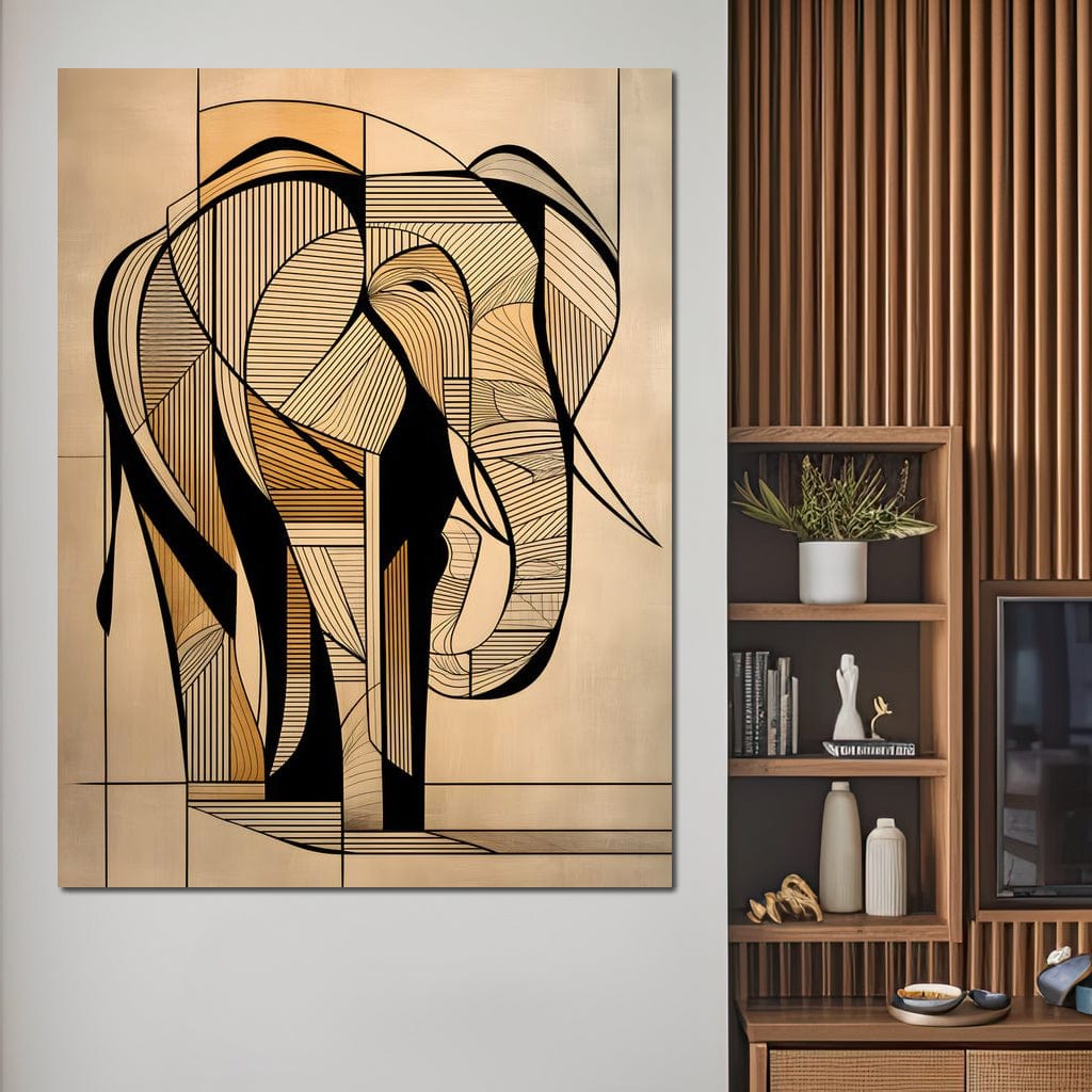 tablou canvas cu un elefant redat in linii negre si forme geometrice, in stil abstract si modern