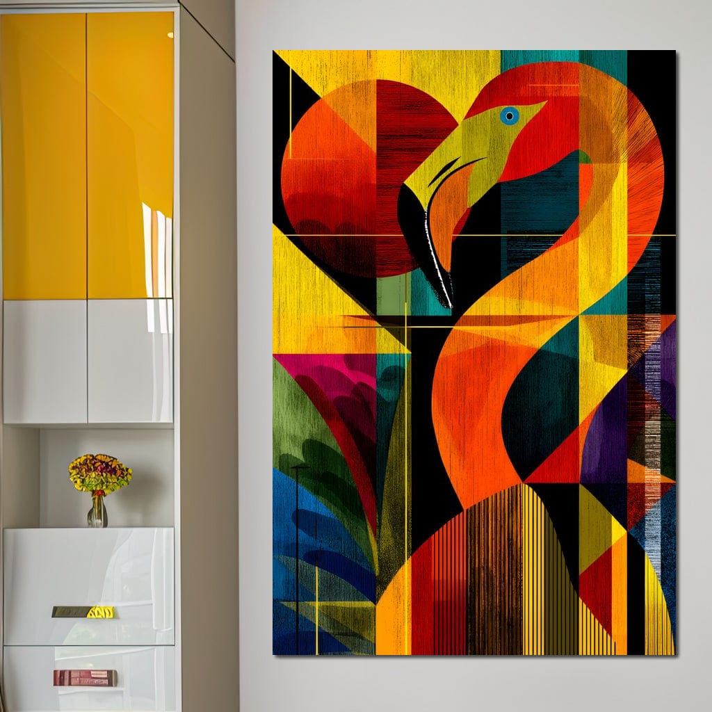 tablou canvas cu un flamingo in culori vibrante si forme abstracte, pe fundal multicolor in compozitie geometrica