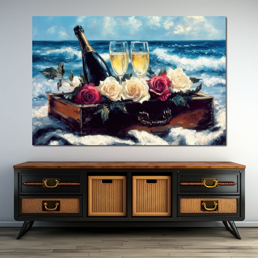 Tablou Canvas Premium LuxCanva® E1052, Sampanie la Tarmul Marii, Valuri, Pahare, Lux, Trandafiri, Exotic, Living Room, Culori vibrante
