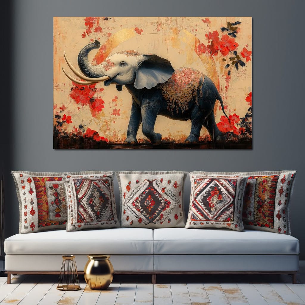 tablou canvas cu un elefant elegant, pictat in tonuri de negru si gri cu accente aurii, pe fundal cald bej-auriu in stil oriental