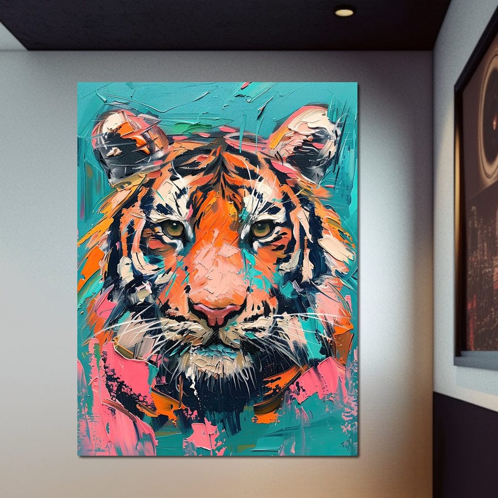 tablou canvas cu un cap de tigru pictat in culori pastelate stil Pop Art, pe fundal in nuante de turcoaz si roz