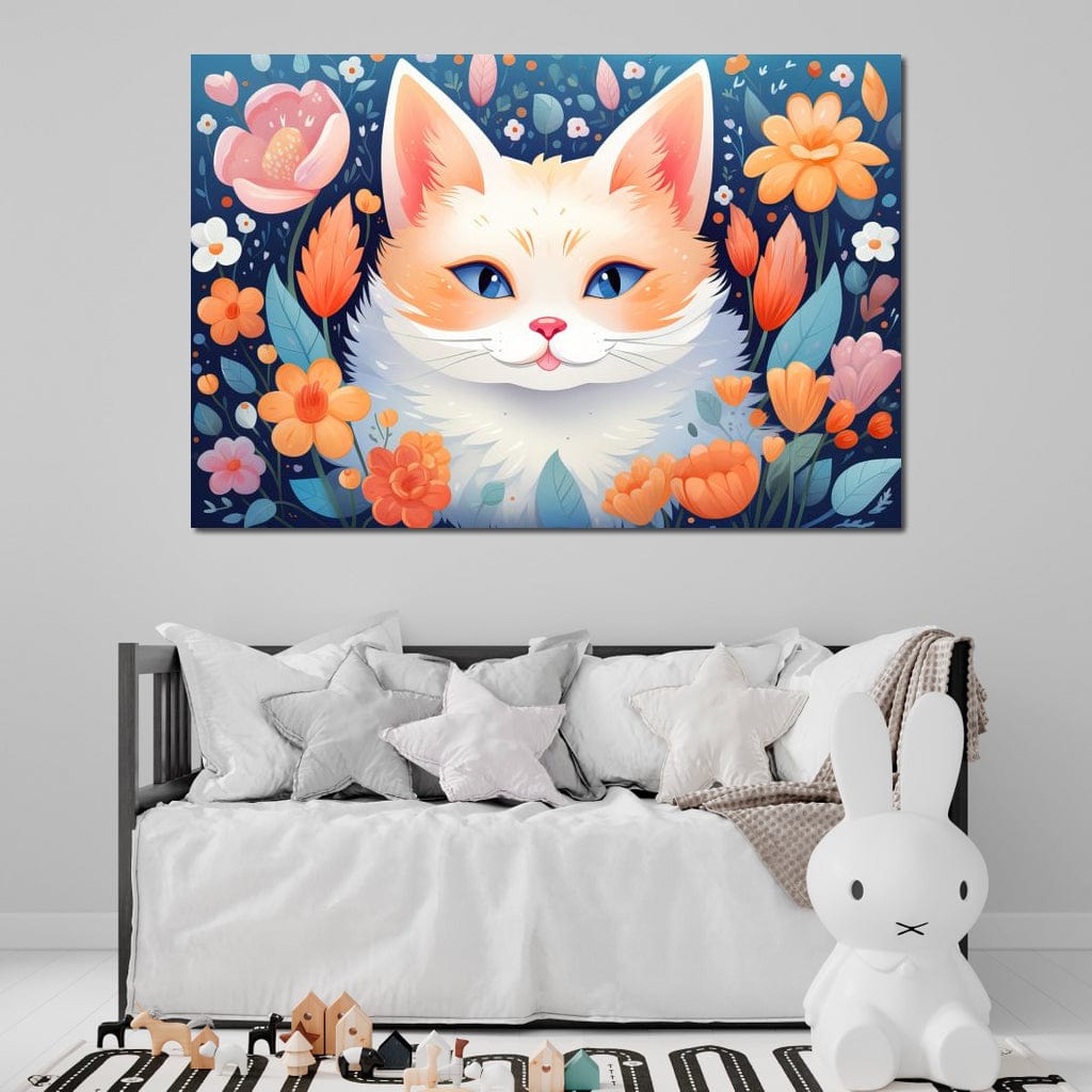 Tablou Canvas Premium, LuxCanva® K1011, Pisicuta Fermecatoare, Regina, Flori, Petale, Privire, Blanita, Pufosenie, Inflorat, Felina, Mustati, Camera Copii