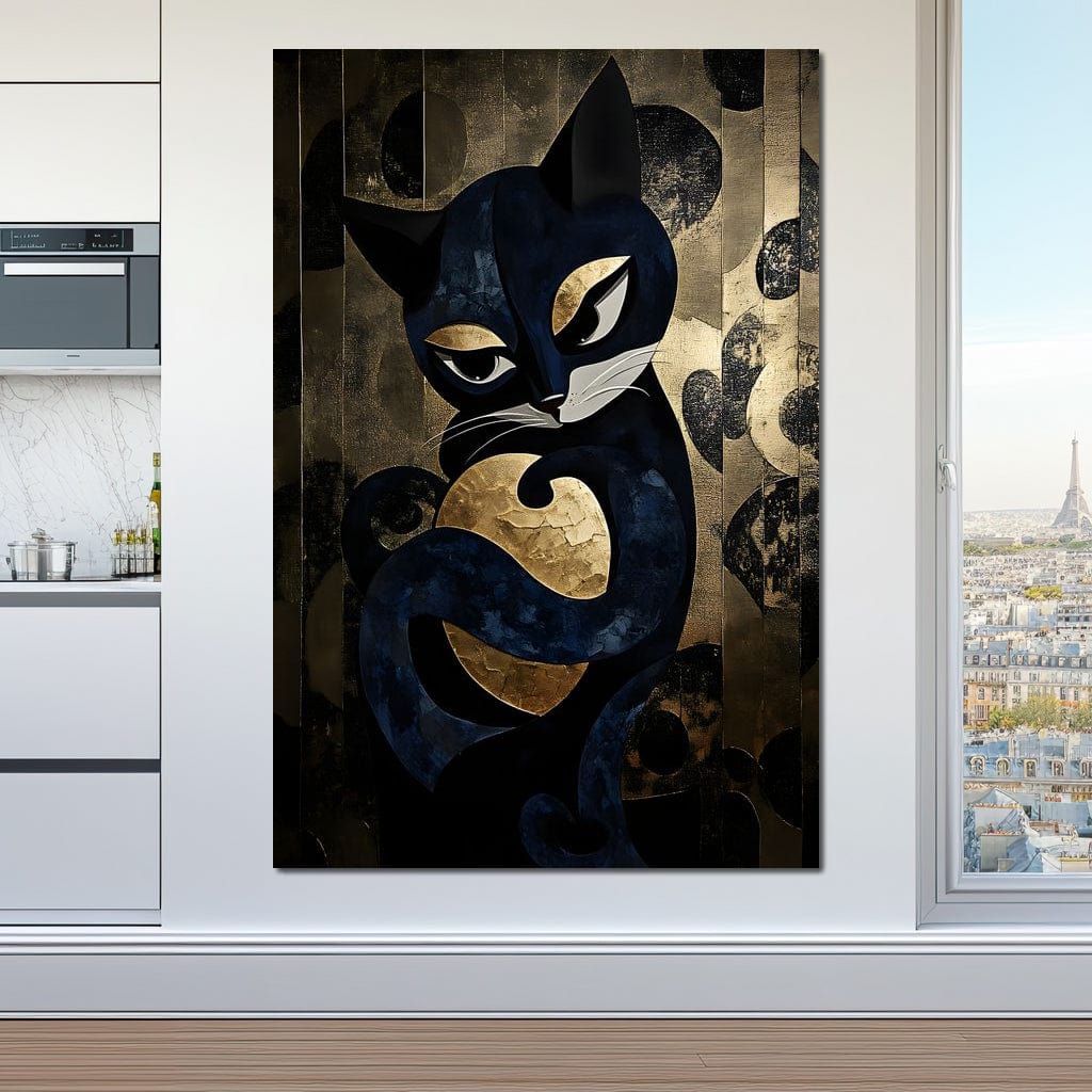 tablou canvas cu o pisica stilizata in tonuri de albastru si auriu, pe fundal texturat metalic cu forme circulare si linii