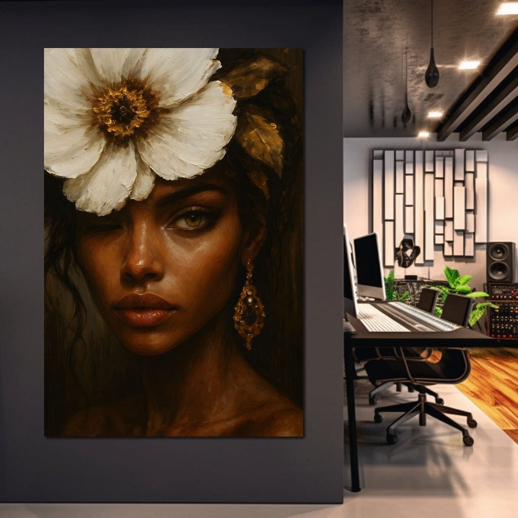 Tablou Canvas Premium, LuxCanva® G1138, Ocrotitoarea Petalelor, Zeita, Gratie, Privire, Magie, Frumusete, Misterioasa, Flori, Noblete, Contrast, Bijuterii, Birou, Living