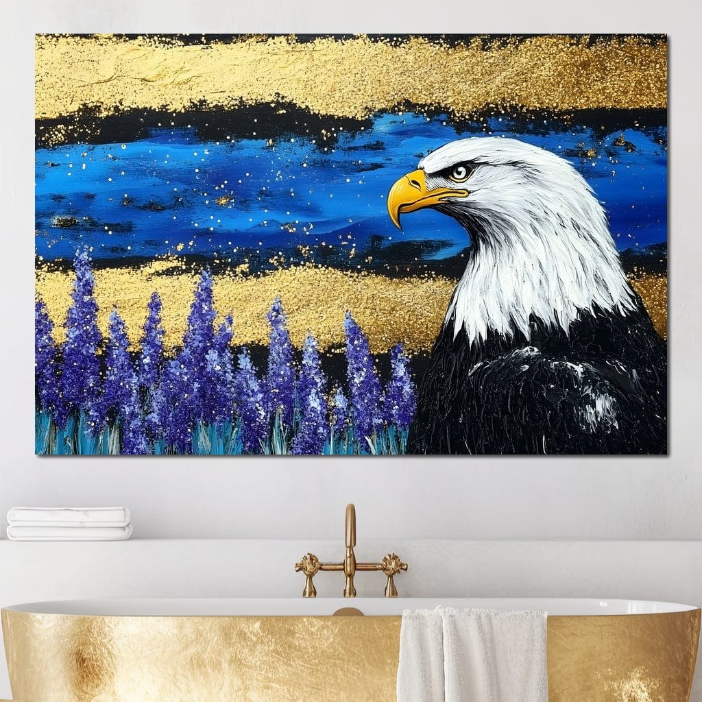 tablou canvas cu un vultur american intr-un camp de lavanda, pe fundal abstract cu accente de albastru si auriu