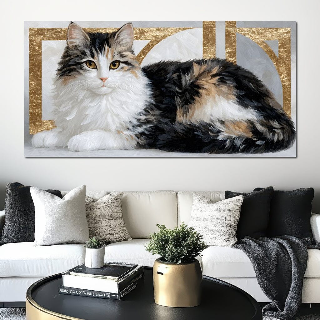 tablou canvas cu o pisica calico, cu blanita pufoasa in nuante de negru, alb si portocaliu, pe fundal abstract cu accente aurii