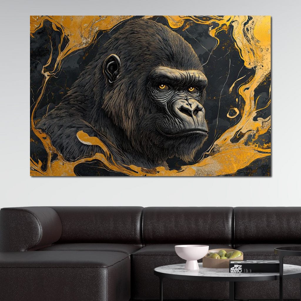 tablou canvas cu o gorila surprinsa din profil, pe fundal negru cu detalii galben-aurii stil pictura