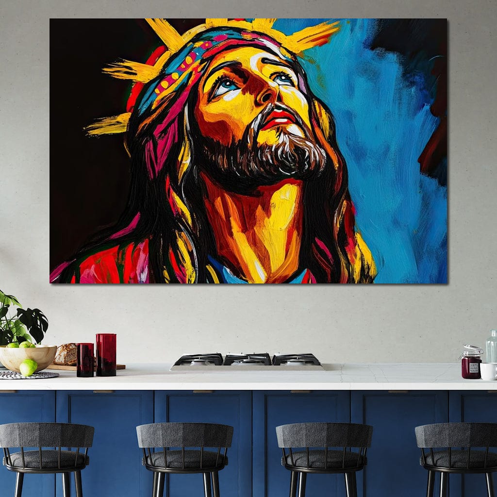 Tablou Canvas Premium LuxCanva® H1052, Privire catre Cer, Iisus, Contemplare, Pace Interioara, Coroana de Spini, Cer, Chip, Arta Religioasa Moderna, Living, Dormitor