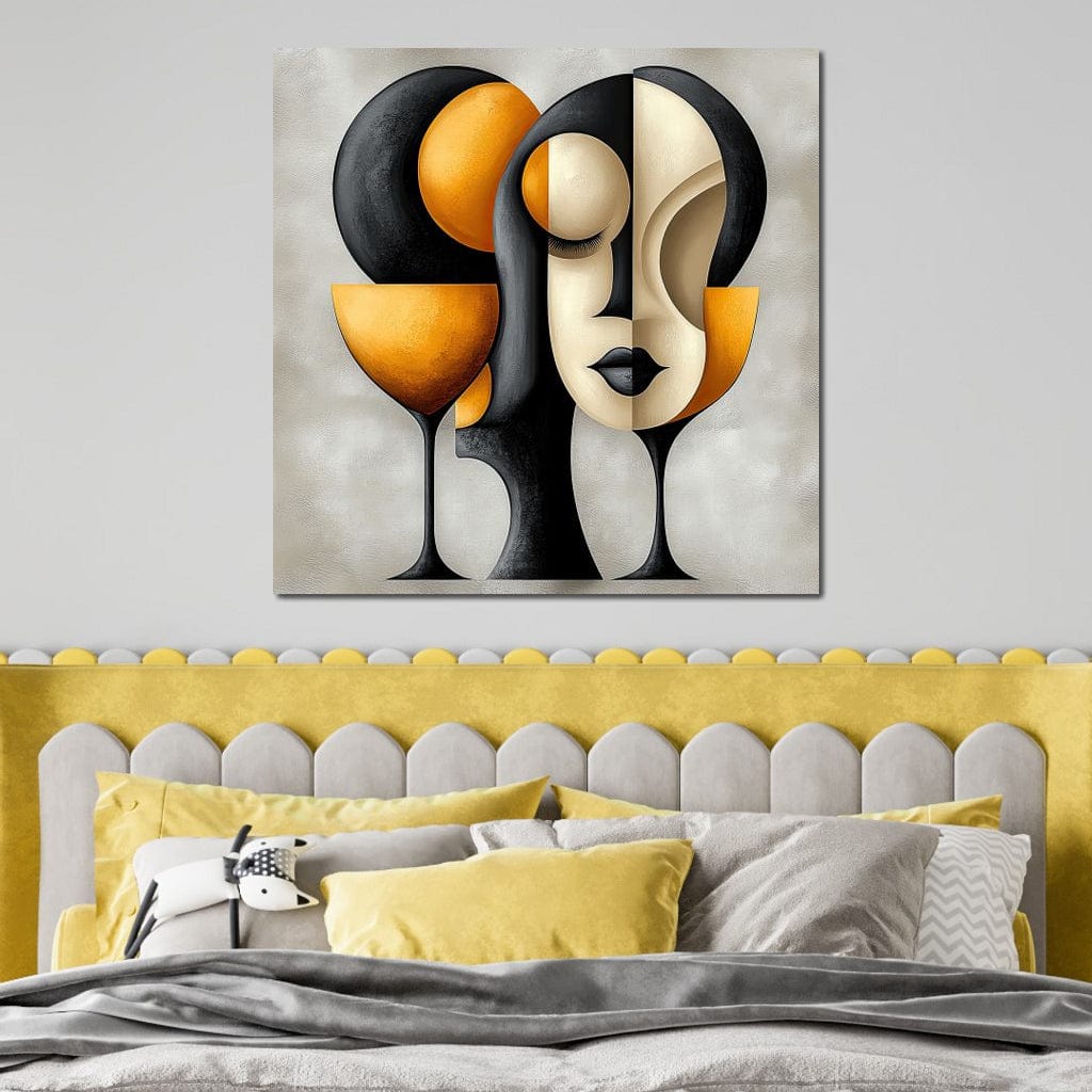 Tablou Canvas Premium, LuxCanva® J1000, Portret In Forme, Abstract, Cubism, Feminism, Pahar, Vin, Aur, Negru, Contur, Dualitate, Reflectii, Living, Dormitor